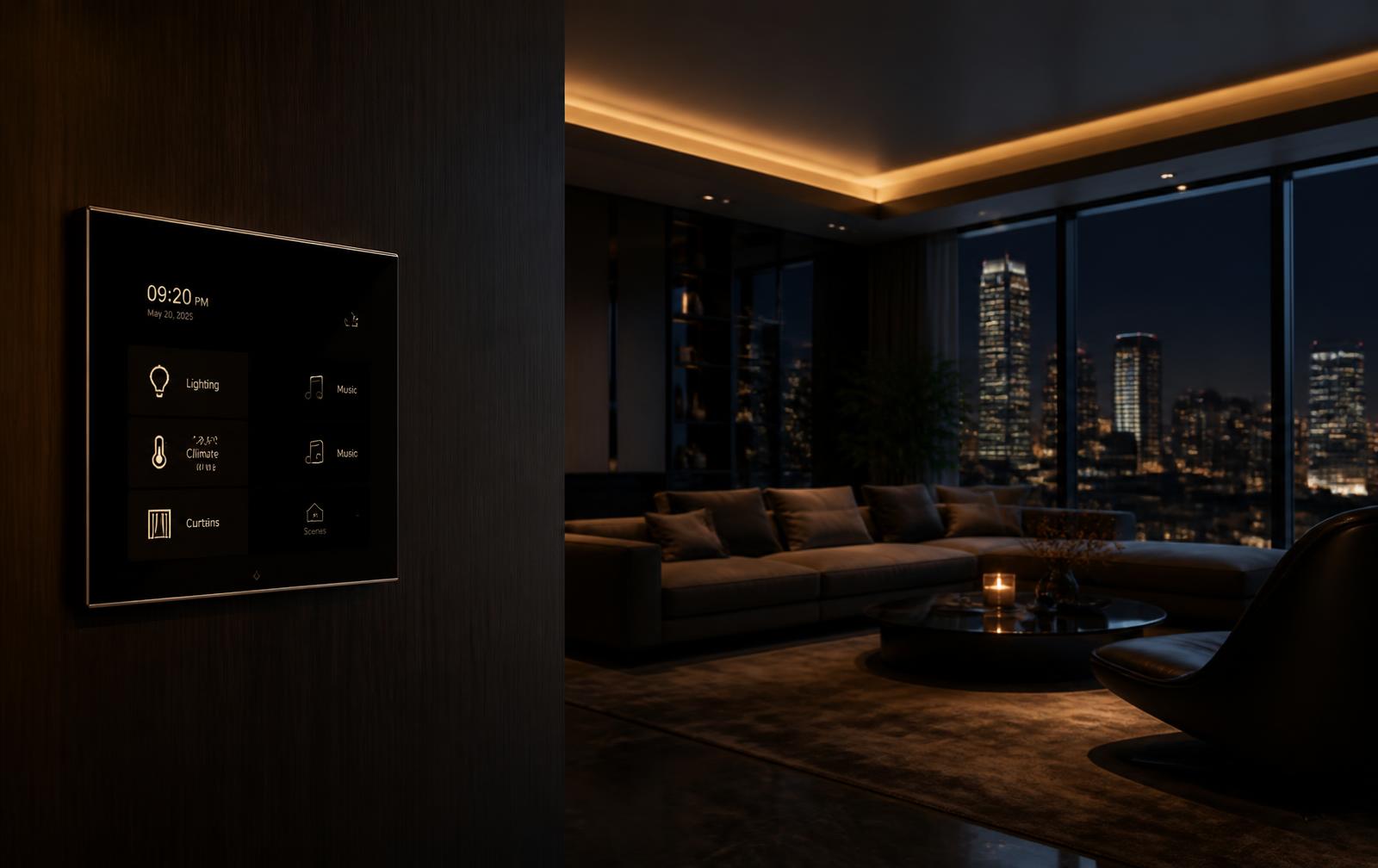 Luxury living room with a wall-mounted Zenith control panel, lighting adapting to the selected scene