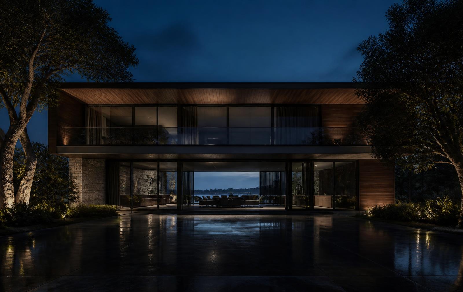 Modern Lumiwaves smart home at dusk, controlled by the Zenith ecosystem