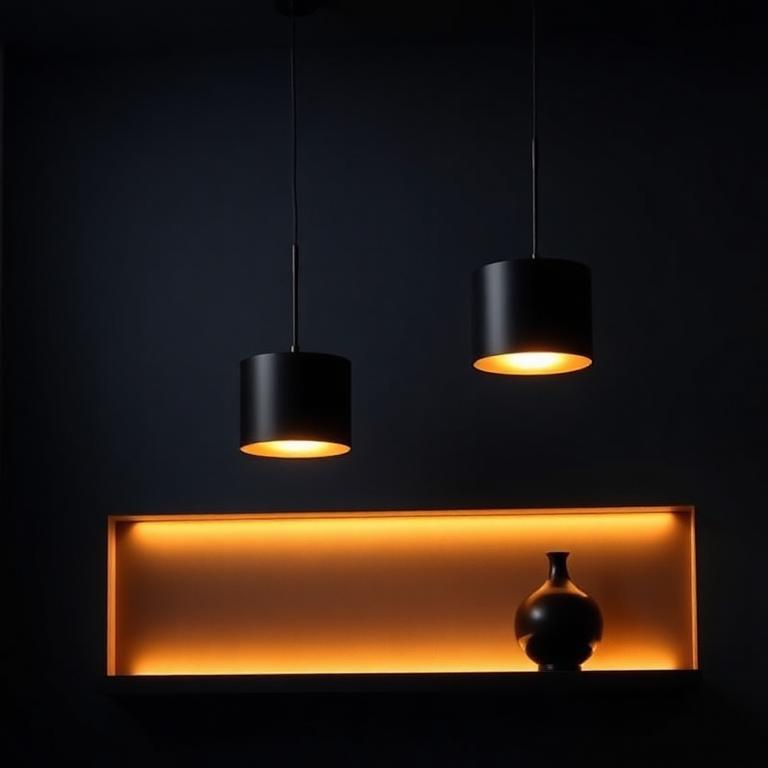 Warm pendant lighting above a dark shelf