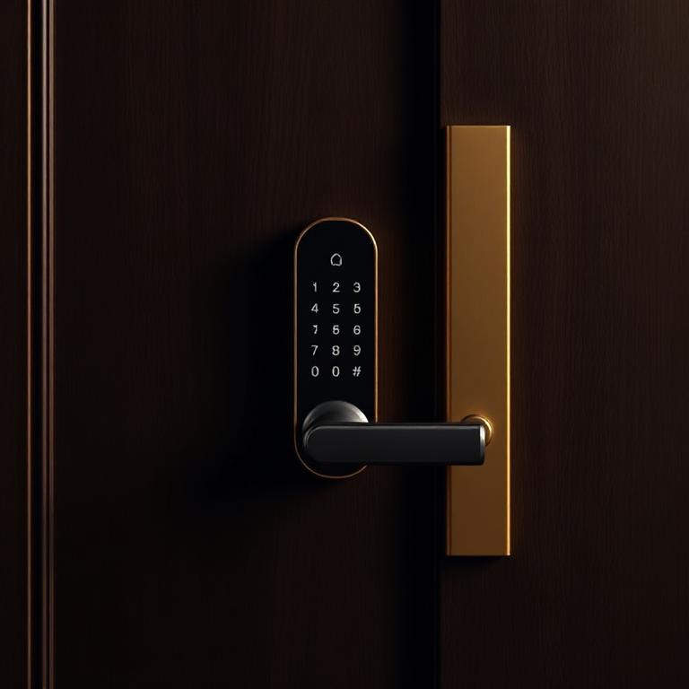 Zenith smart door lock with keypad on a dark wooden door