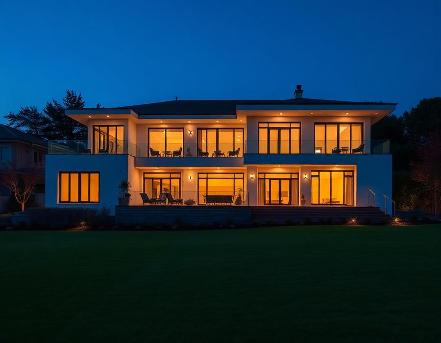 Modern villa at dusk with warm glowing windows
