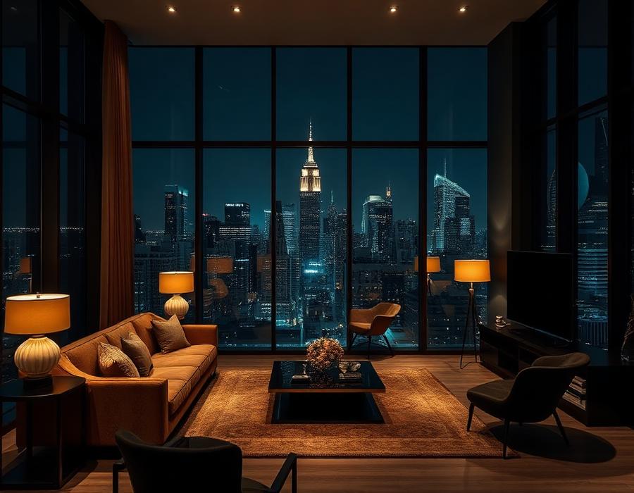 Luxury apartment living room at night with city skyline