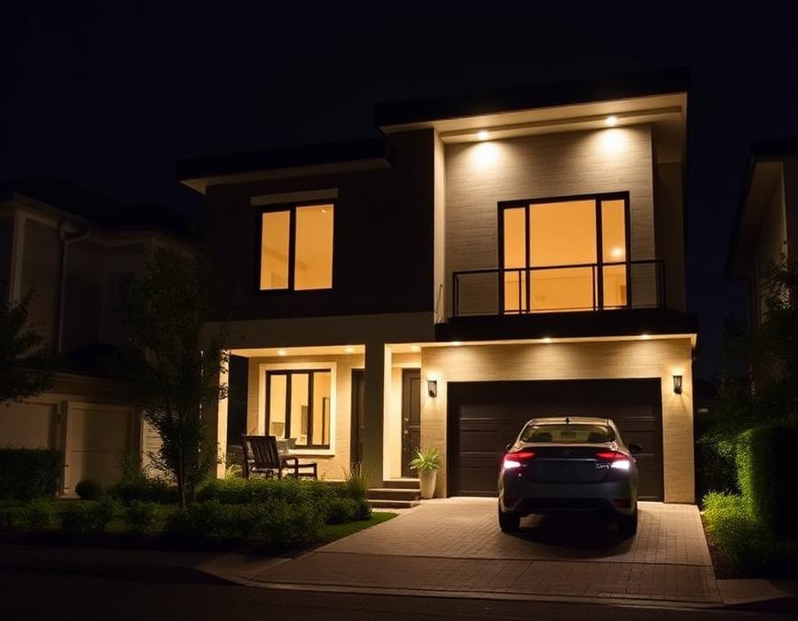 Contemporary house at night with illuminated driveway