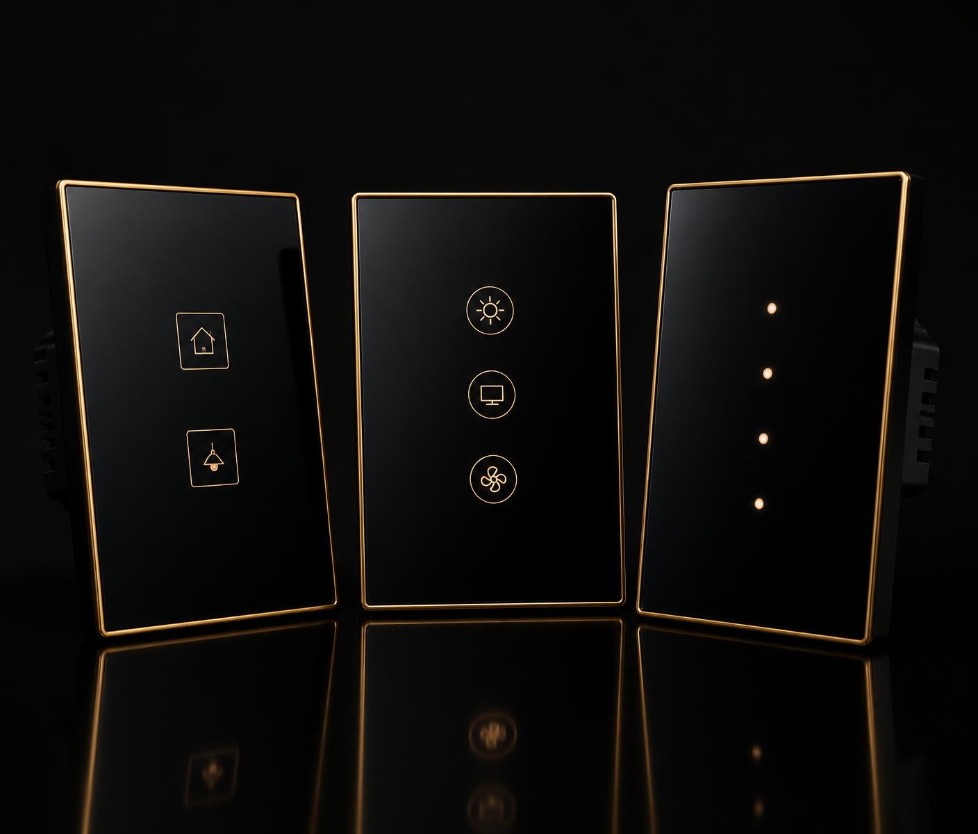Three Zenith black glass smart switch panels with gold bezels