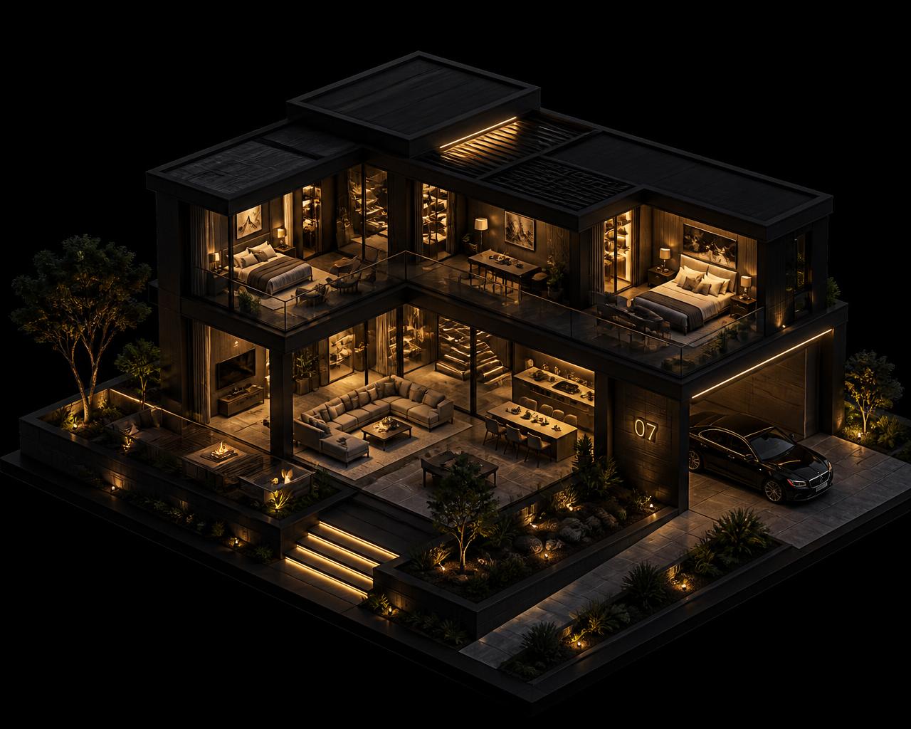 Isometric view of a luxury smart home at night with lit interiors