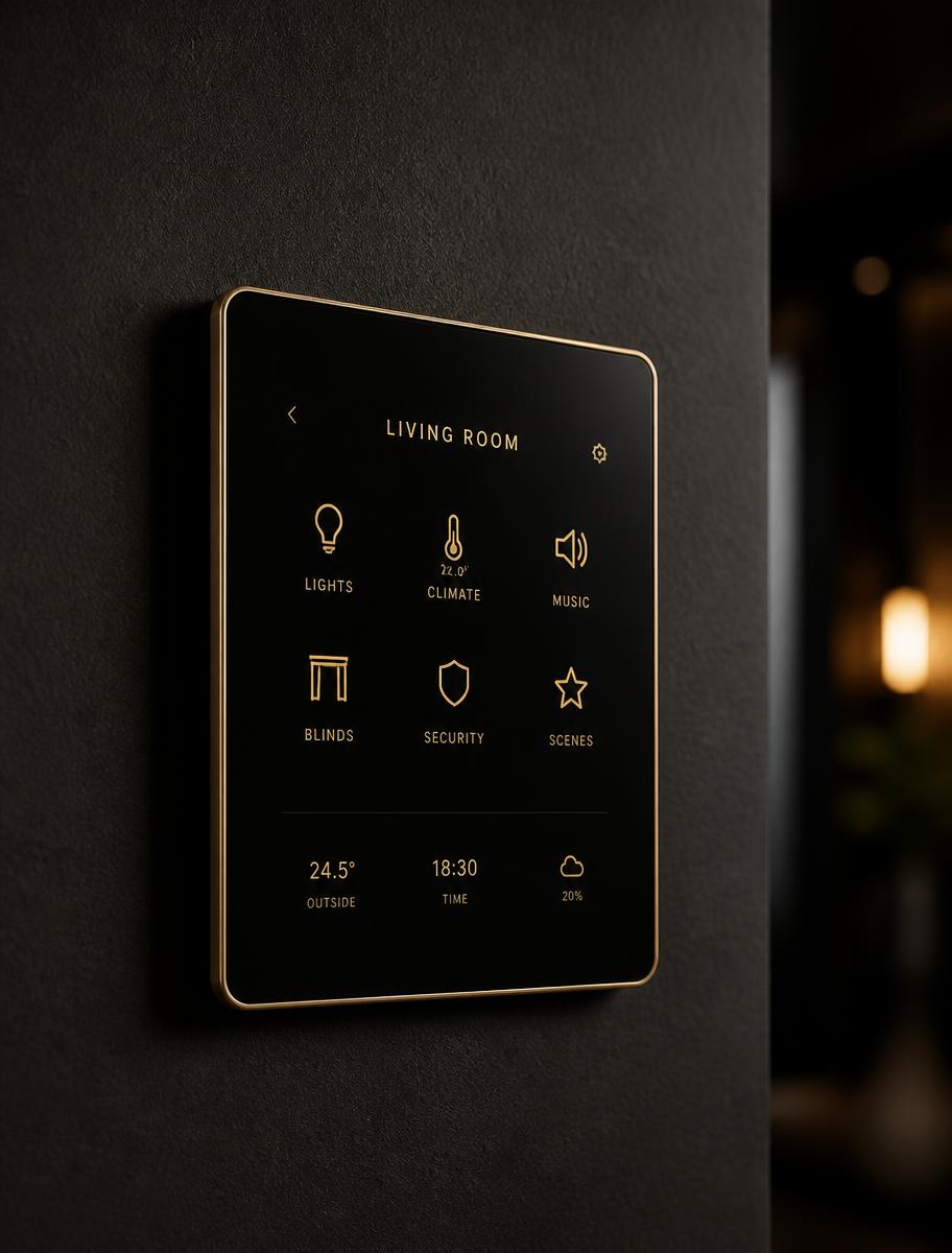 Zenith touch panel glowing in a dark hallway