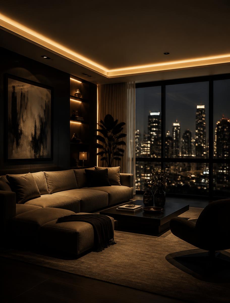 Warmly lit modern living room with a Zenith control panel